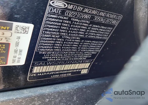 2022 Land Rover Range Rover Sport Hst из США, поврежденный, VIN SALWS2RUXNA241967